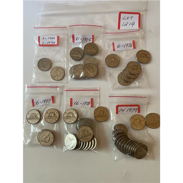 Canada Nickels 5 Cents, 55 Coins: 1-1962, 1-1974, 11-1975, 6-1976, 6-1977, 16-1978, 14-1979