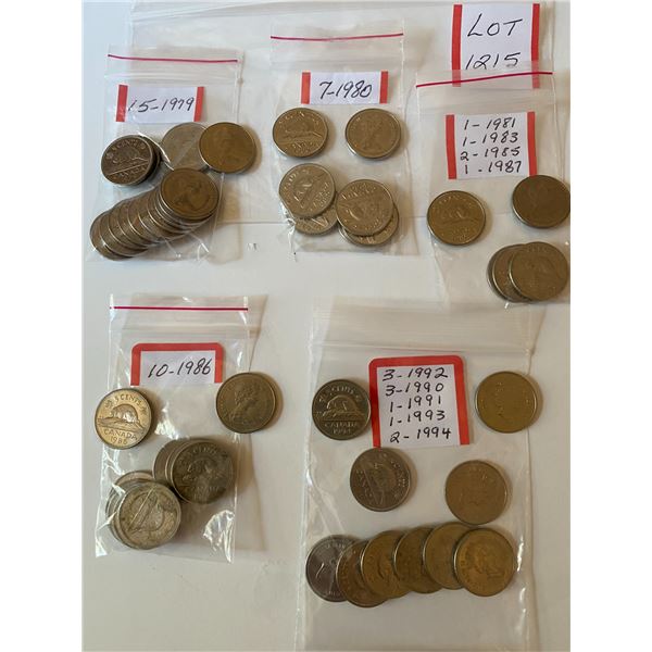 Canada Nickels 5 Cents, 47 Coins: 15-1979, 7-1980, 1-1981, 1-1983, 2-1985, 10-1986, 1-1987, 10-1990-