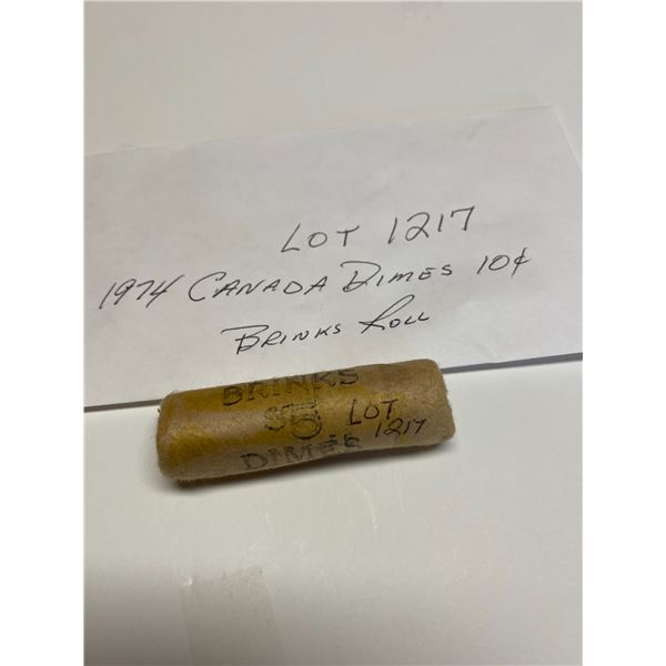 Canada Dimes 10 Cents, 1974 Brinks Roll $5.00