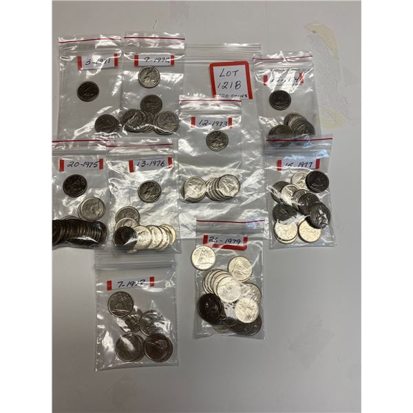 Canada Dimes 10 Cents 120 Coins: 3-1971, 9-1972, 12-1973, 15-1974, 20-1975, 13-1976, 15-1977, 7-1978