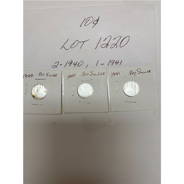 Canada Dime 10 Cents, 2- 1940, 1-1941,  .800 Silver
