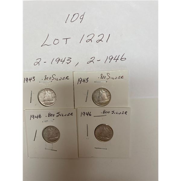 Canada Dime 10 Cents, 2- 1943, 2-1946,  .800 Silver