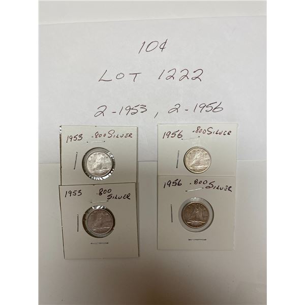 Canada Dime 10 Cents, 2- 1953, 2-1956,  .800 Silver
