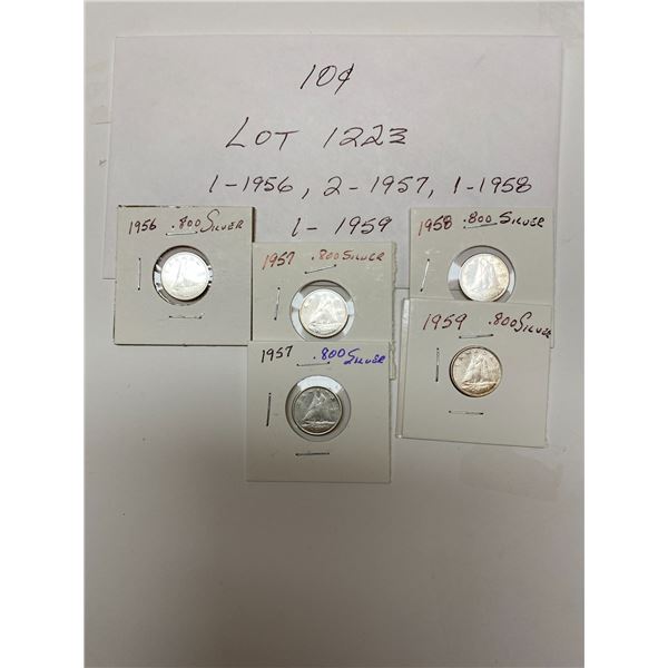 Canada Dime 10 Cents, 1- 1956, 2-1957, 1-1958, 1-1959,  .800 Silver