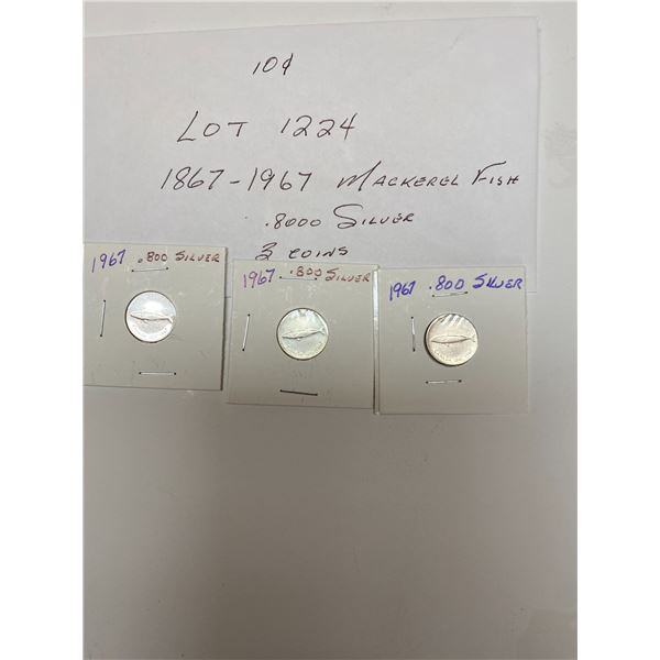 1867-1967 Canada Dime 10 Cents, 3 Coins, Mackerel Fish .800 Silver