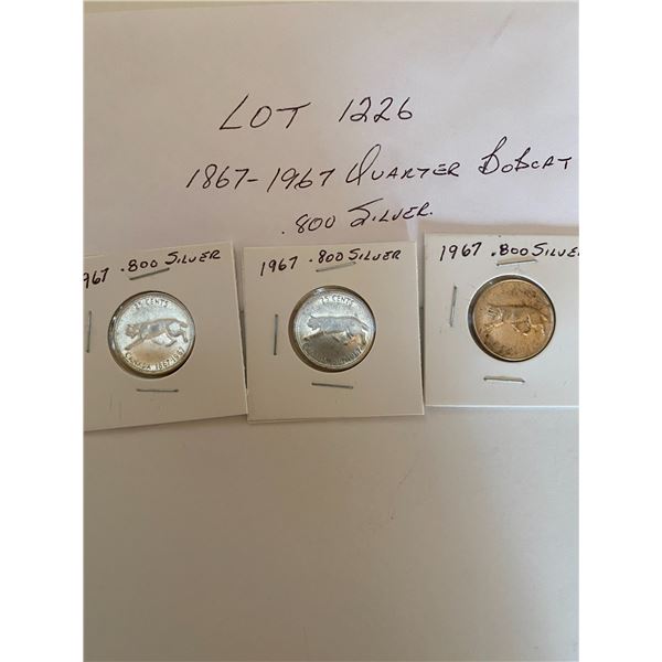1867-1967 Canada Quarters 25 Cents, Bobcat .800 Silver 3 Coins
