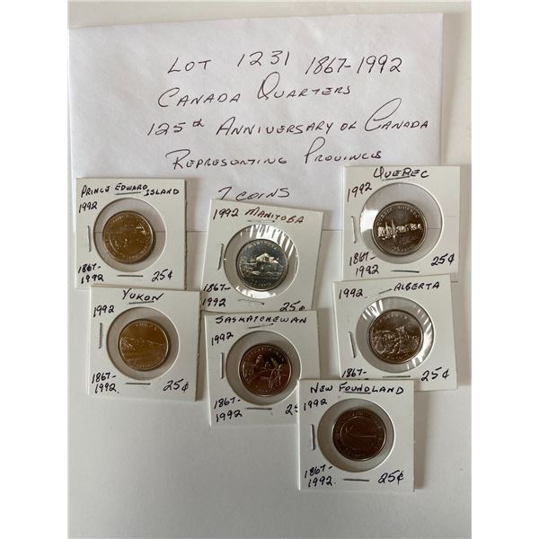 1867-1992 Canada Quarters  25 Cents 125th Anniversary of Canada Representing Provinces  7 Coins