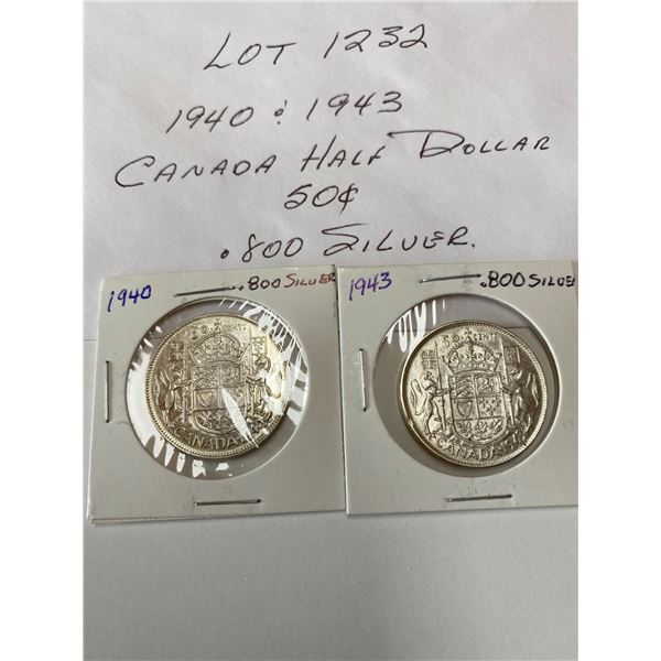 1940 and 1943 Canada Half Dollar 50 Cents .800 Silver