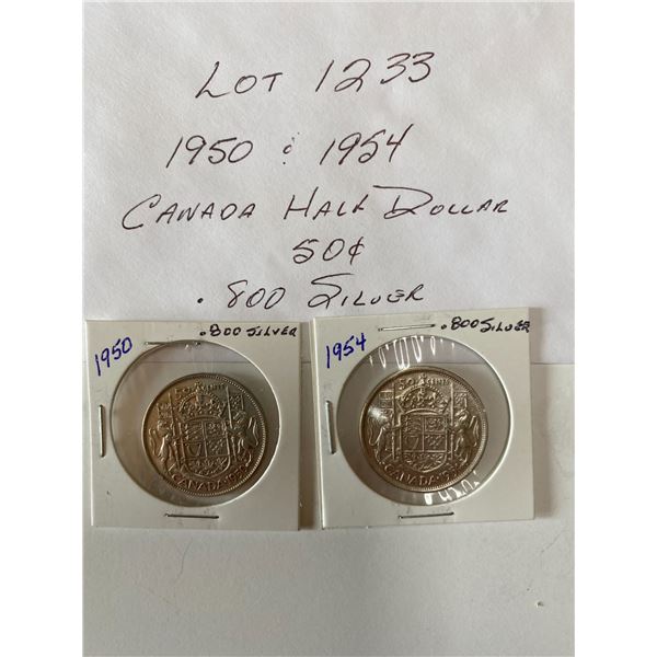 1950 and 1954 Canada Half Dollar 50 Cents .800 Silver