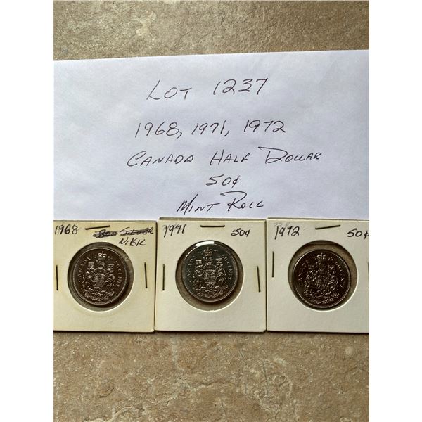 1968,  1971, 1972 Canada Half Dollar 50 Cents,  Nickel Mint Roll