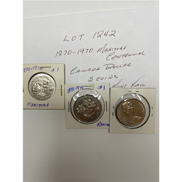 1870-1970 Canada Dollar $1 Manitoba Centennial Three Coins Mint Roll