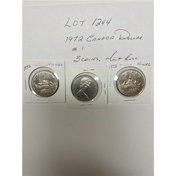 1972 Canada Dollar $1 Three Coins Mint Roll