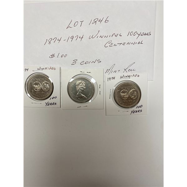 1874-1974 Canada Dollar $1 Winnipeg Centennial 100 Years Three Coins Mint Roll