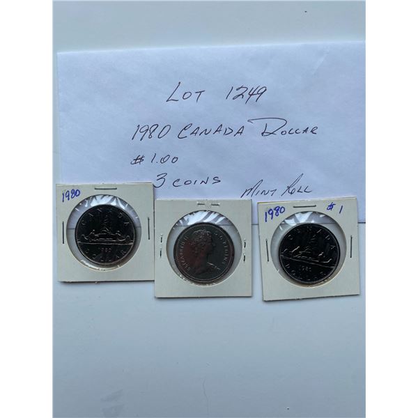 1980 Canada Dollar $1 Three Coins Mint Roll