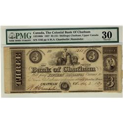 The Colonial Bank of Chatham, 1837 $3 CH-135-10-06. PMG VF30