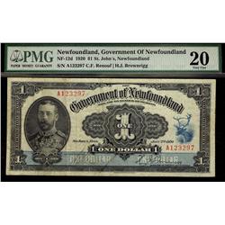 1920 $1 NF-12d Nfld Gov't note #A123297, PMG VF20.