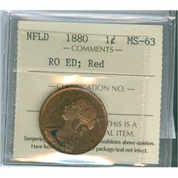 1880 Nfld ROED 1¢ ICCS MS-63 RED, nice red example. Scarce i