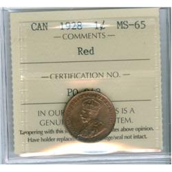 1928 1¢ ICCS MS65 Wine Red.  Excellent strike with clean fie