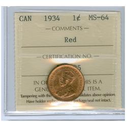 1934 1¢ ICCS MS64 RED, 90% RED LUSTRE.