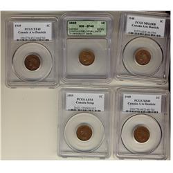 1948 A to, 1949 A to (3) and 1955 1¢.  Lot of five coins, in
