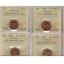 1949 1¢ A Off Dent ICCS MS64RD.  Lot of 4 coins all red.