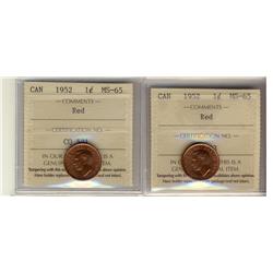 1952 1¢ ICCS MS65RD.  Lot of 2 coins all red.