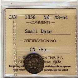 1858 5¢ Small Date  ICCS MS64 PQ+ Brilliant with full luster