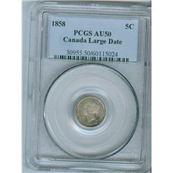 1858 5¢ Large Date PCGS AU50.  Lightly tone and light lustre