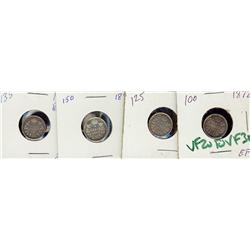 1872H, 1871, 1897 & 1910 RL 5¢.  Lot of 4 coins. VF20 to VF3