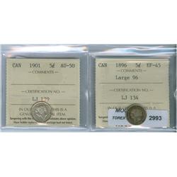 1896 5¢ Lg 96 EF45 & 1901 AU50 5¢.  Lot of two ICCS five cen