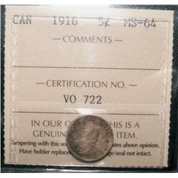 1916 5¢ ICCS MS64.  Mintstate example with toning.