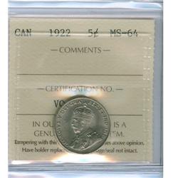 1922 5¢ ICCS MS64.  Lustrous example with all beads visible.