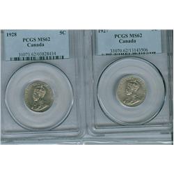 1927 & 1928 5¢ PCGS MS62.  Lot of 2 coins.