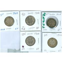 1905, 1906, 1908 and 1910 (2) 25¢.  Lot of 5 coins F15 to VF