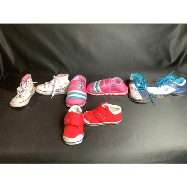 ASSORTED CHILDRENS SHOES SIZES 10, 1, AND OTHERS: HELLO KITTY CONVERSE, PAUL FRANK, YONEX, & MORE