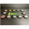 Image 2 : 12 ASSORTED HOCKEY TEAM PUCKS & MINIATURE CALIFORNIA GOLDEN SEALS FLAG