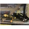 Image 2 : SHELF OF ASSORTED TOOLS INCLUDING; PNEUMATIC JACK, DEWALT ANGLE GRINDER, RYOBI DRILL, HARDWARE