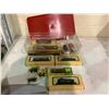 Image 1 : BOX OF ASSORTED VINTAGE TRAIN CARS & TRACKS INCLUDING; MINITRIX, BACHMAN, ATLAS & MORE