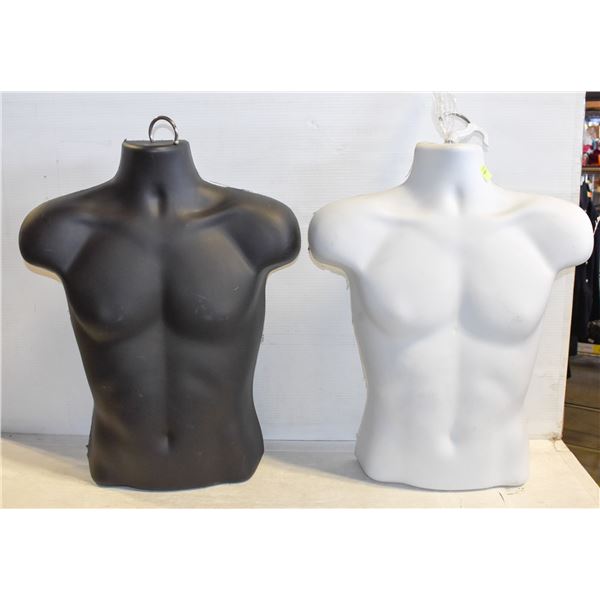 PAIR OF MALE MANNEQUIN TORSO'S. WHITE AND BLACK