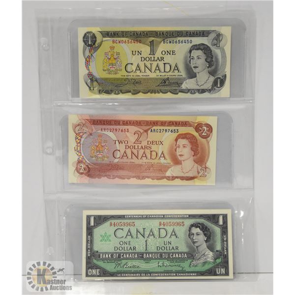 x3 OLD CANADA $1 AND $1 DOLLAR BANK NOTES, UNC.