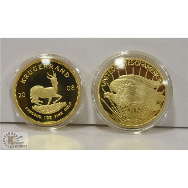 2 GOLD PLATED 1 OZ GOLD COIN COPIES, NOVELTY