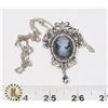 Image 1 : 8)  SILVER TONE WITH CLEAR CRYSTALS, GREY OVAL