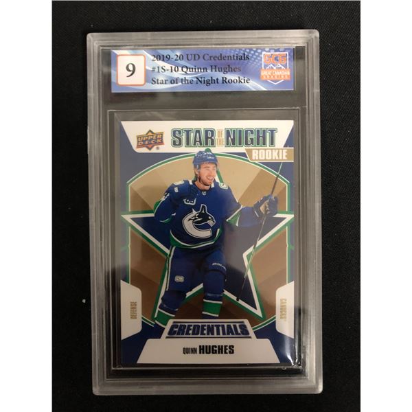 2019-20 UD CREDENTIALS NO.IS-10 QUINN HUGHES STAR OF THE NIGHT ROOKIE (GCG 9)