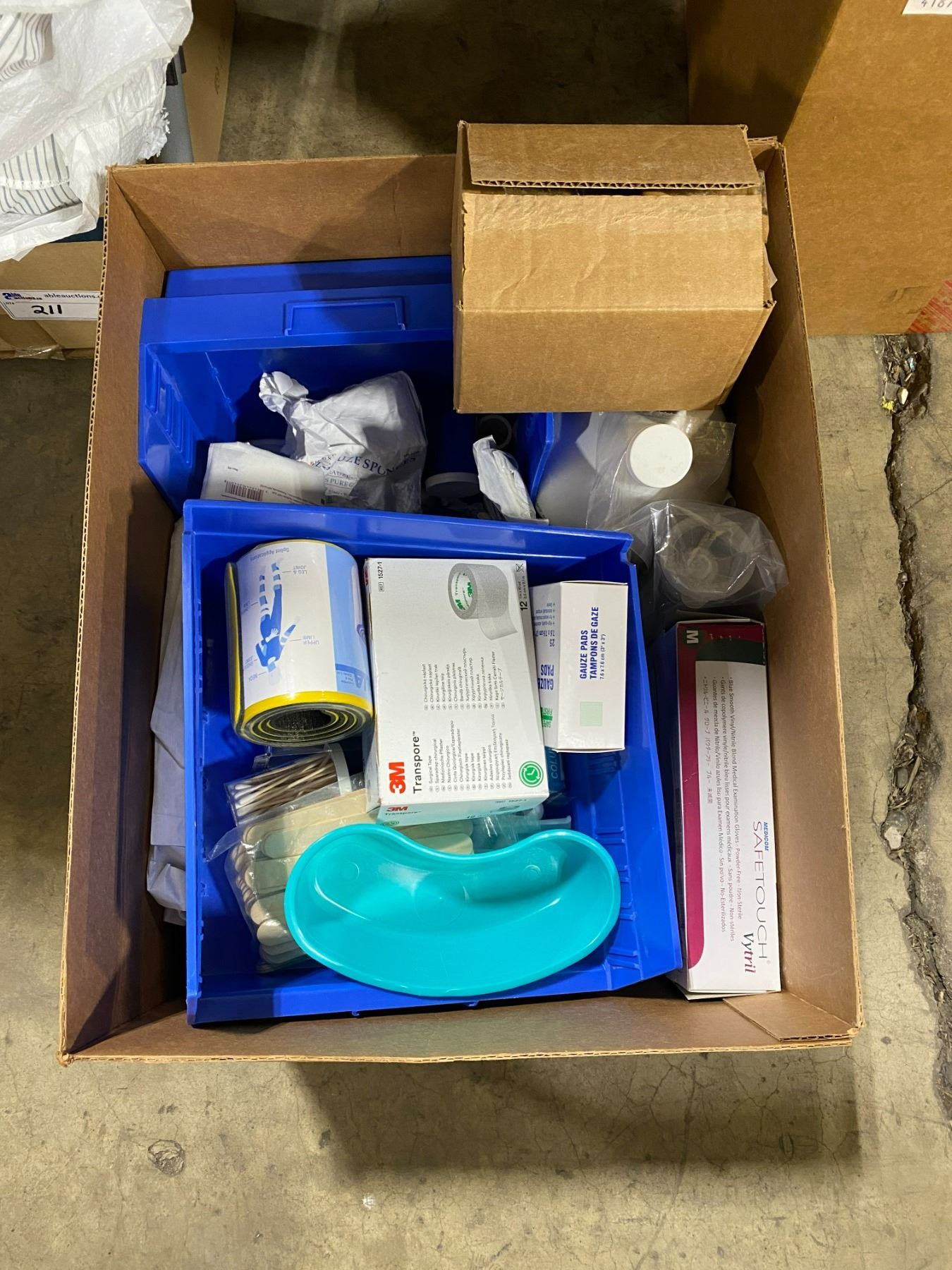 BOX OF ASSORTED FIRST-AID SUPPLIES INCLUDING PORTABLE EYE WASH BOTTLE ...