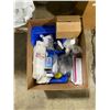Image 2 : BOX OF ASSORTED FIRST-AID SUPPLIES INCLUDING PORTABLE EYE WASH BOTTLE, SPLINTS, OXYGEN MASKS,