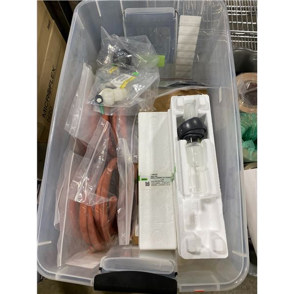 BIN OF ASSORTED RUBBER TUBING, VAPOR DUCTS, SILICONE SEALS, MEMBER CLAMPS, CHECK VALVES, O-RINGS