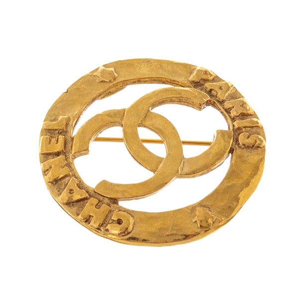 Chanel Gold-tone Metal CC Paris Round Brooch