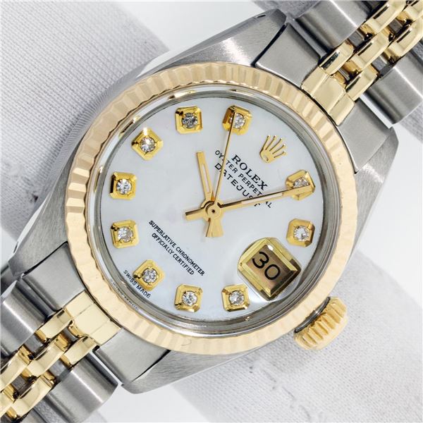 Rolex Ladies 2 Tone MOP Diamond 26MM Datejust Wristwatch With Rolex Box