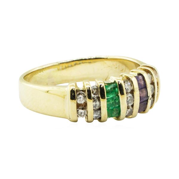 0.90 ctw Diamond, Amethyst, and Emerald Ring - 14KT Yellow Gold