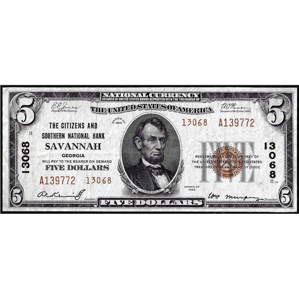 1929 Type 2 $5 Citizens and Southern National Bank Savanah, GA CH#13068 Currency Note